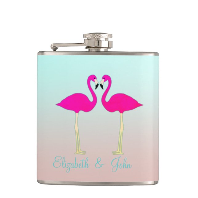 Adorable Pink Flamingos In Love-Personalized Flask (Front)