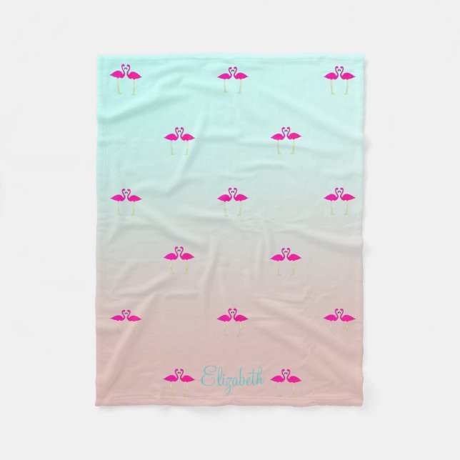 Adorable Pink Flamingos In Love-Personalized Fleece Blanket (Front)