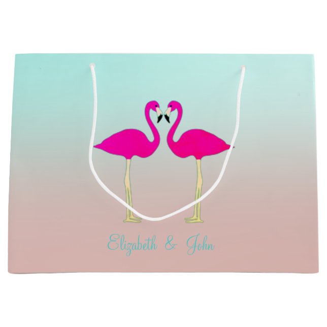Adorable Pink Flamingos In Love-Personalized Large Gift Bag (Front)