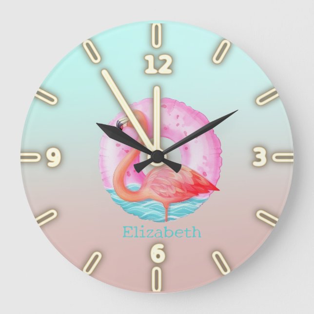 Adorable Pink Flamingos Pool Float Large Clock (Front)