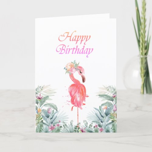 Adorable Pink Flamingos Tropical Flowers Birthday  Card