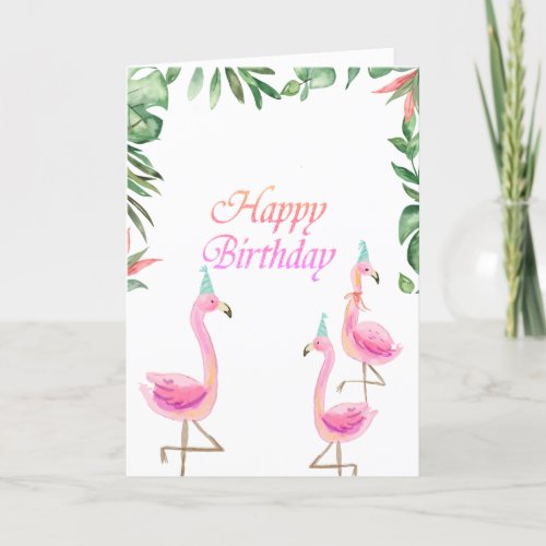 Adorable Pink Flamingos Tropical Leaves Card