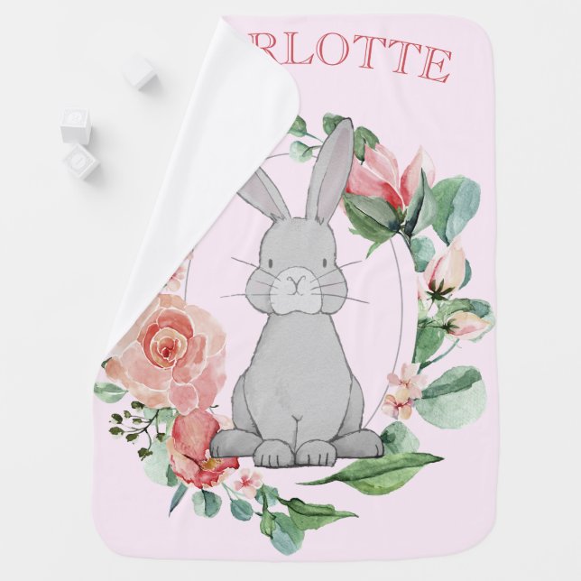 Adorable Pink Floral Bunny Baby Girl Baby Blanket (In Situ)