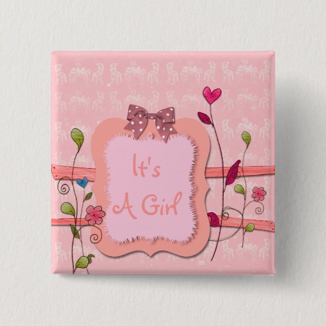 Adorable Pink Floral Girl Baby Shower Favor Pinback Button (Front)