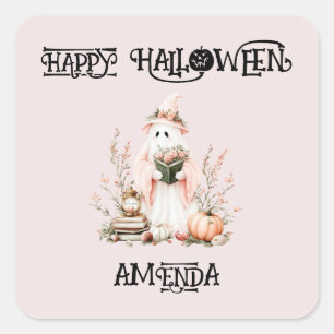 Adorable Pink Floral Kids Halloween Ghost  Square Sticker
