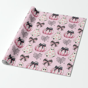 Adorable Pink Ghost and Pumpkin and Bows Halloween Wrapping Paper