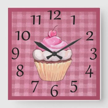 Adorable Pink Gingham Cupcake Wall Clock by LittleThingsDesigns at Zazzle