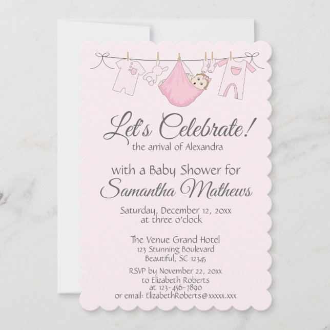 Adorable Pink & Gray Baby Girl Shower Invitation (Front)