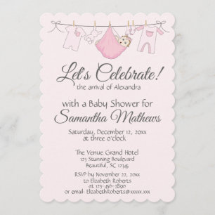 Adorable Pink & Gray Baby Girl Shower Invitation