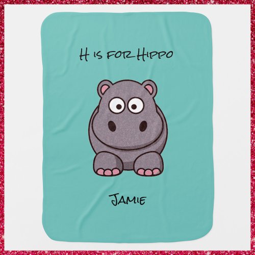 Adorable Pink  Gray Baby Hippo Teal Baby Blanket