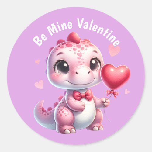 Adorable Pink Heart Balloon Dinosaur Valentine Classic Round Sticker