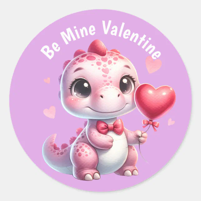 Adorable Pink Heart Balloon Dinosaur Valentine Classic Round Sticker ...