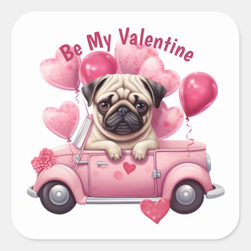Adorable Pink Heart Balloon Pug Car Valentine Square Sticker