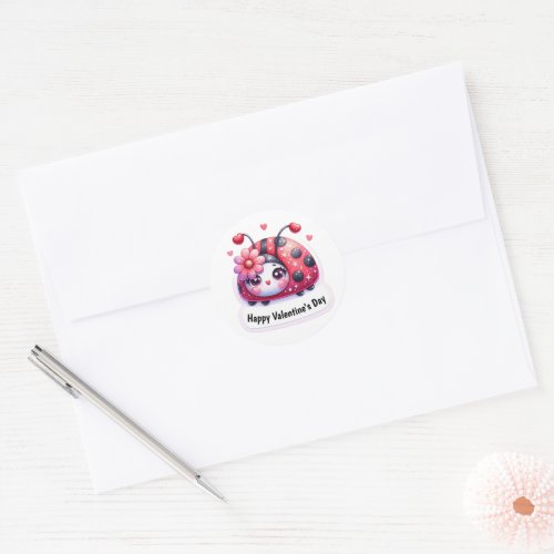 Adorable Pink Heart Ladybug Valentines Day Classic Round Sticker