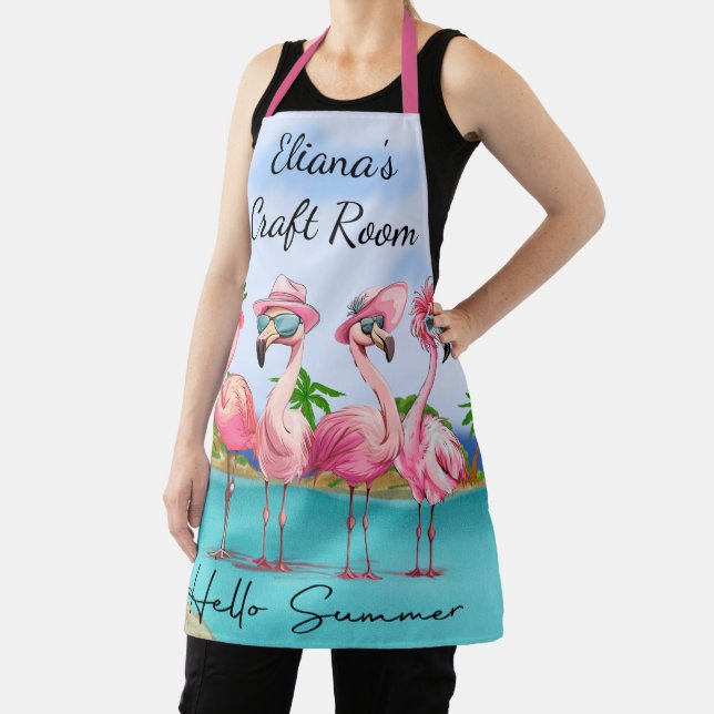 Adorable Pink Hello Summer Flamingos on Beach Apron (Insitu)