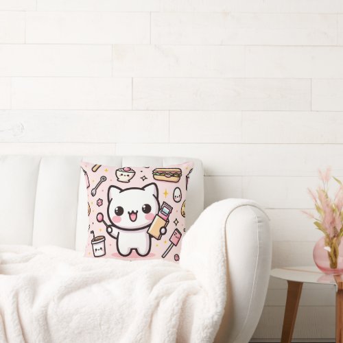 Adorable Pink Kawaii Cat with Food Pattern Throw Pillow