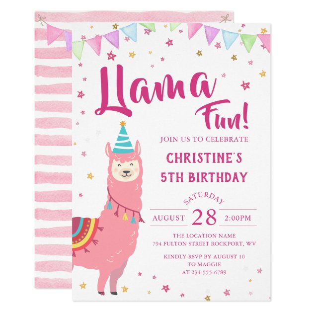 Adorable Pink Llama Fun Birthday Invitation