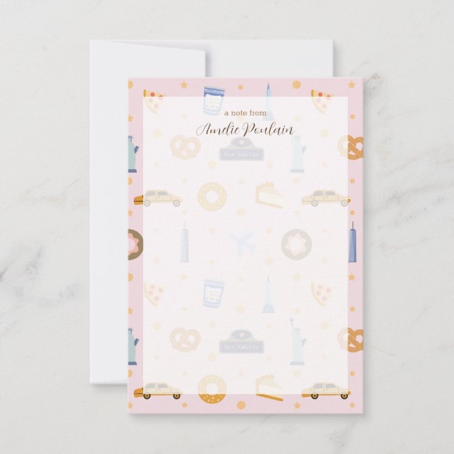 Adorable Pink NYC-Themed Personalized Name Note Card (Front)
