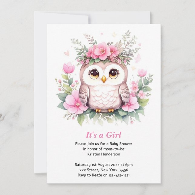 Adorable Pink Owl Girl Baby Shower Invitation (Front)