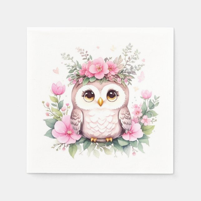 Adorable Pink Owl Girl Baby Shower Napkins (Front)
