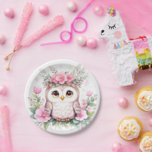 Adorable Pink Owl Girl Baby Shower Paper Plates