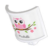 Adorable pink owl on branch personalized name night light (Angled)