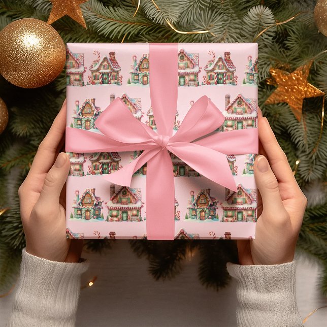 Adorable Pink Pastel Gingerbread Houses Wrapping Paper (Creator Uploaded)