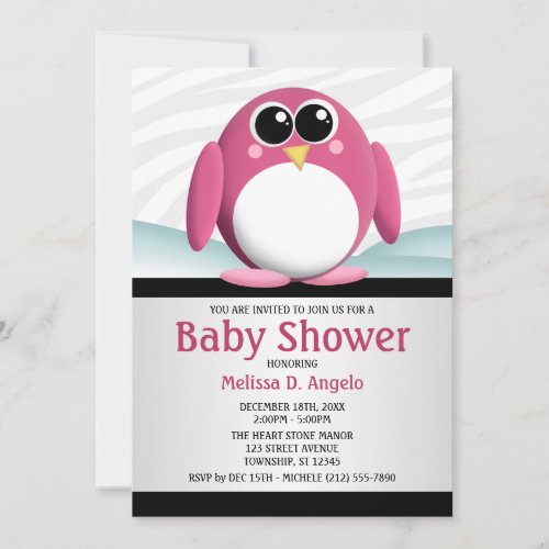 Adorable Pink Penguin Baby Shower Invitations