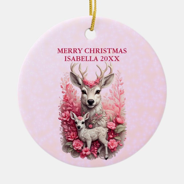 Adorable Pink Reindeer Christmas Ornament (Front)