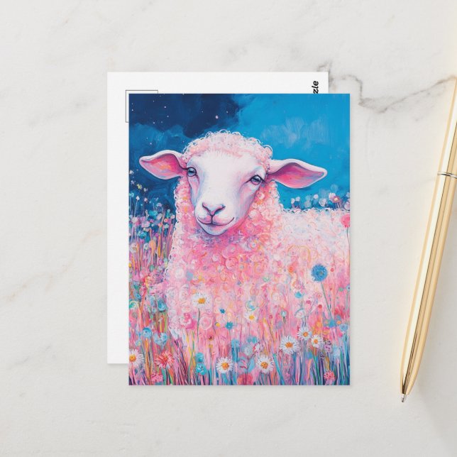 Adorable Pink Sheep in the Flowers Postcard (Front/Back In Situ)