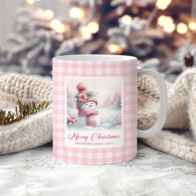 Adorable Pink Snowman Mug Cozy Christmas Scene (Adorable Pink Snowman Mug Cozy Christmas Scene)