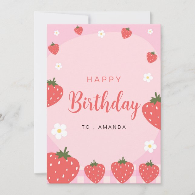 Adorable Pink Strawberry Happy Birthday Card (Front)
