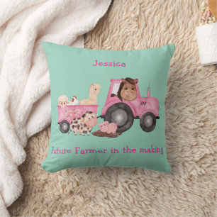 Adorable pink tractor & trailer with farm animals throw pillow