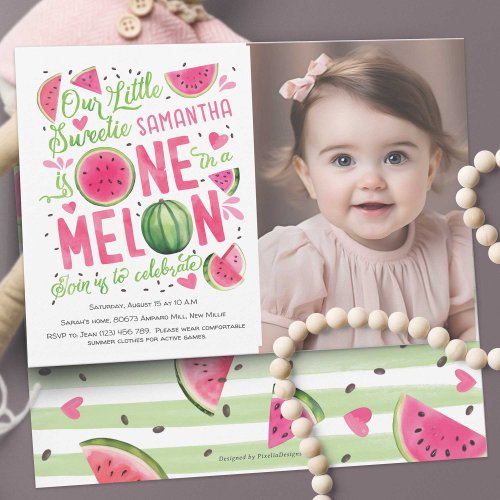 Adorable Pink Watermelon Cute Summer 1st birthday Invitation