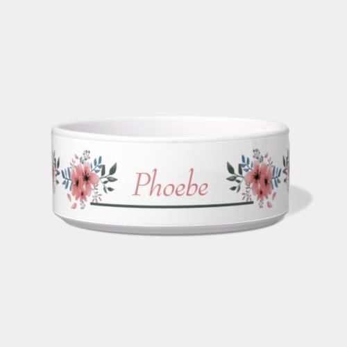Adorable Pink White Floral Personalized Pet Bowl