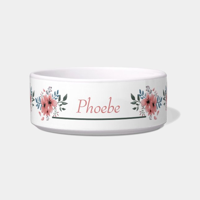 Adorable Pink White Floral Personalized Pet Bowl (Front)