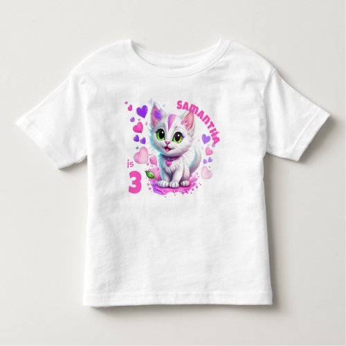 Adorable Pink  White Kitten and Hearts Birthday  Toddler T_shirt