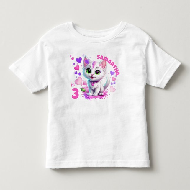 Adorable Pink & White Kitten and Hearts Birthday  Toddler T-shirt (Front)