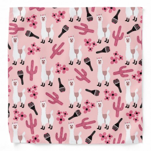 Adorable Pink White Llama Maraca Cactus Floral Bandana