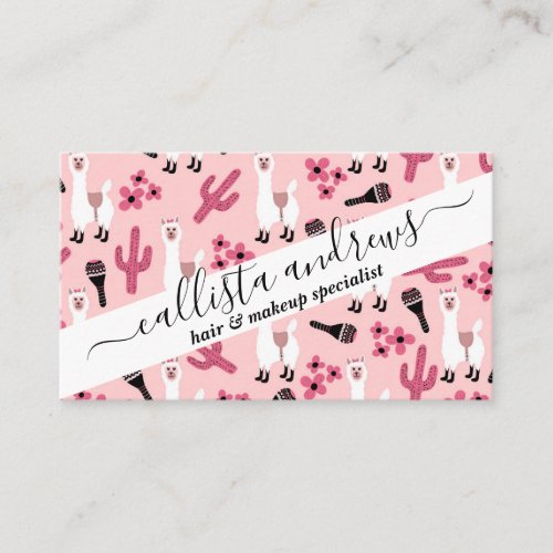 Adorable Pink White Llama Maraca Cactus Floral Business Card