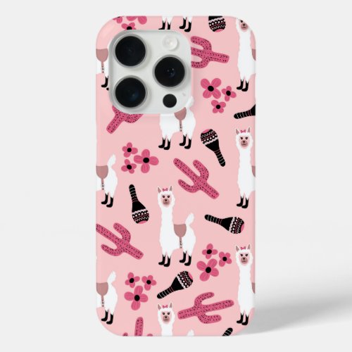 Adorable Pink White Llama Maraca Cactus Floral iPhone 15 Pro Case