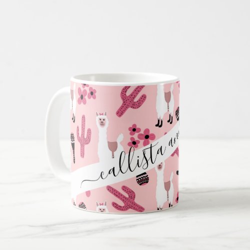 Adorable Pink White Llama Maraca Cactus Floral Coffee Mug