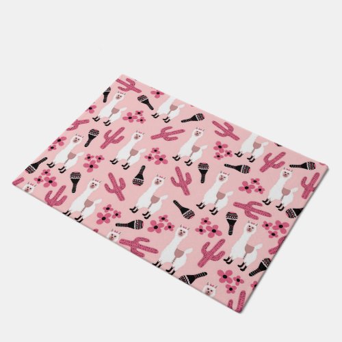 Adorable Pink White Llama Maraca Cactus Floral Doormat