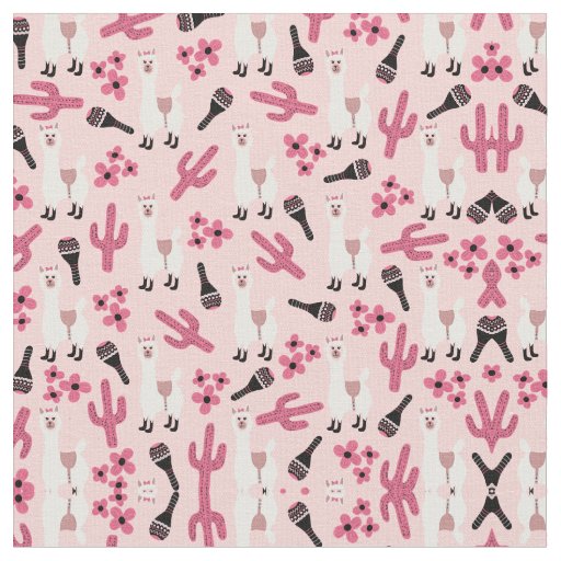 Adorable Pink White Llama Maraca Cactus Floral Fabric