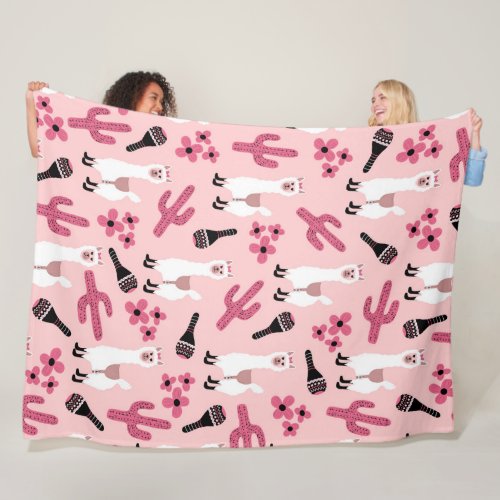 Adorable Pink White Llama Maraca Cactus Floral Fleece Blanket