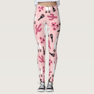 Adorable Pink White Llama Maraca Cactus Floral Leggings