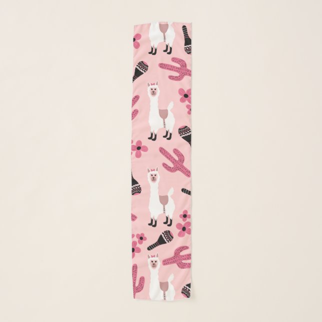 Adorable Pink White Llama Maraca Cactus Floral Scarf (Front)