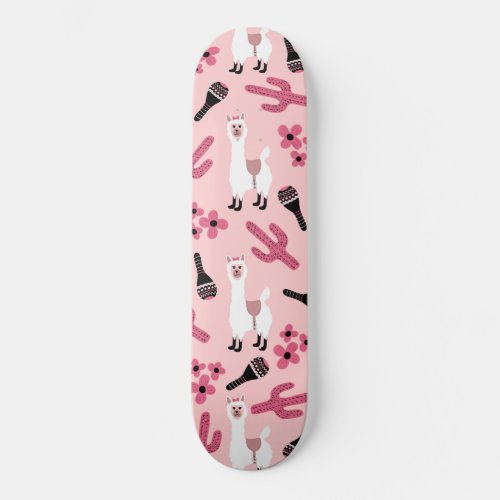 Adorable Pink White Llama Maraca Cactus Floral Skateboard