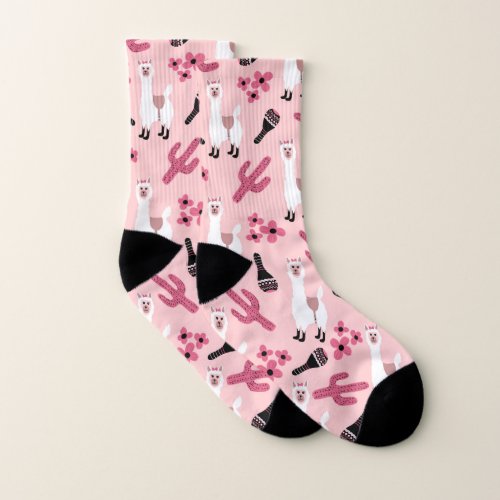 Adorable Pink White Llama Maraca Cactus Floral Socks