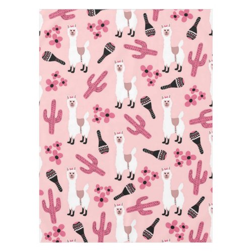 Adorable Pink White Llama Maraca Cactus Floral Tablecloth